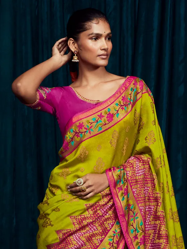 Lime green brasso silk saree with zari woven