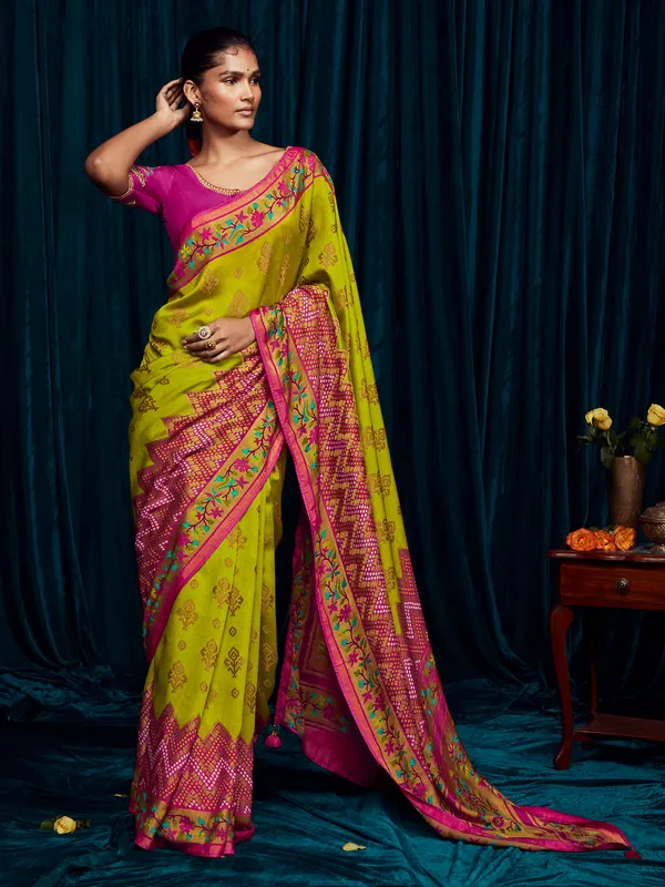 Lime green brasso silk saree with zari woven