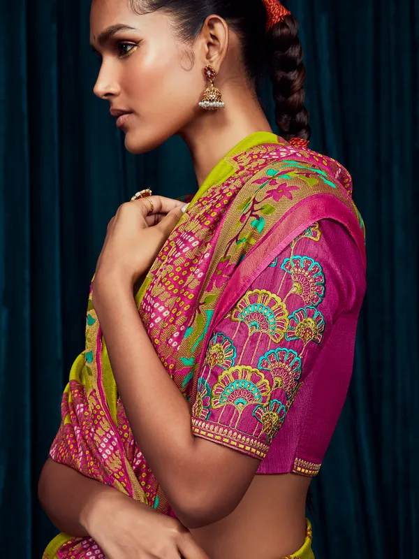 Lime green brasso silk saree with zari woven