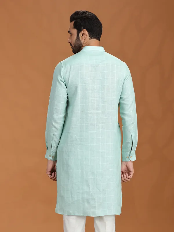 Lime green checked festive linen kurta mens