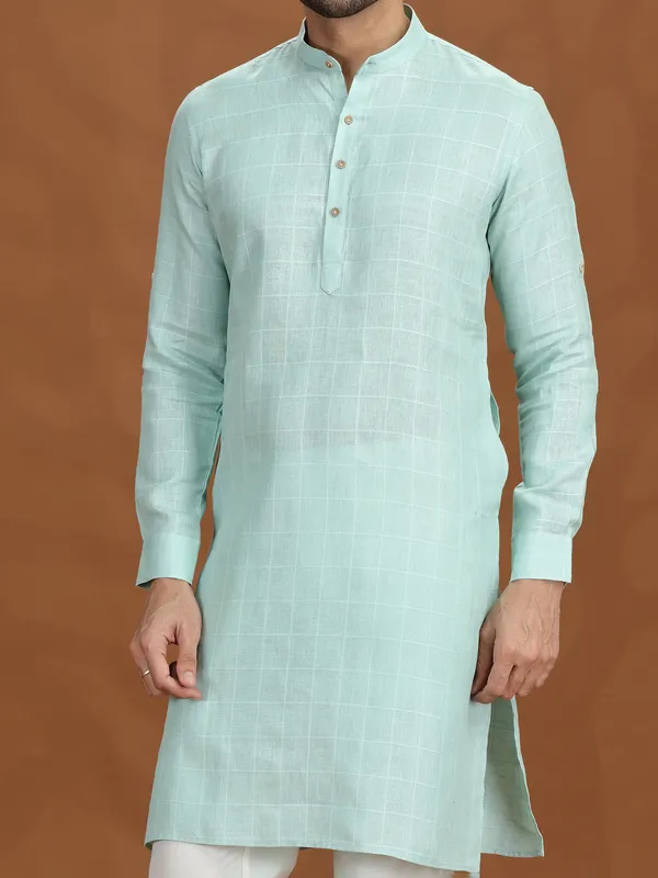 Lime green checked festive linen kurta mens