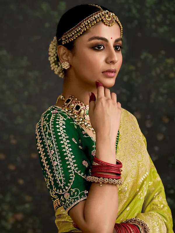 Lime green dola silk saree with zari weaving