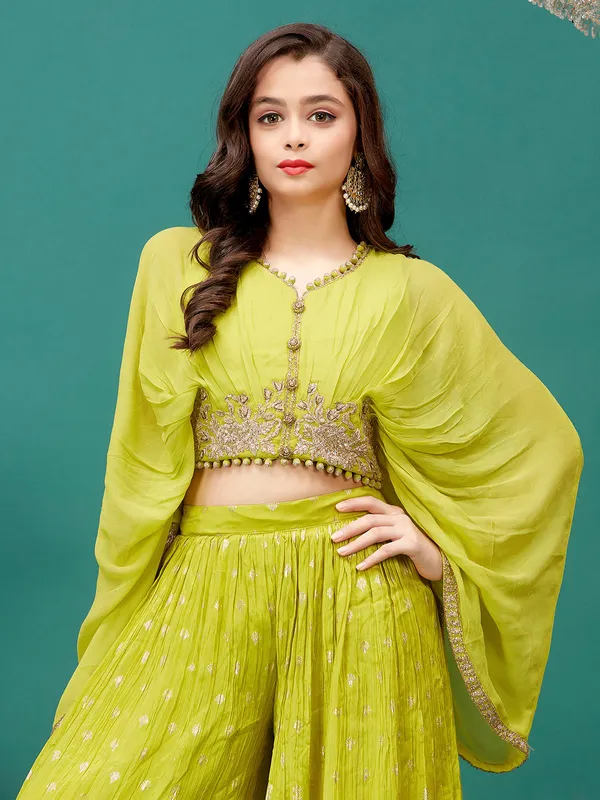 Lime green georgette crop top with palazzo