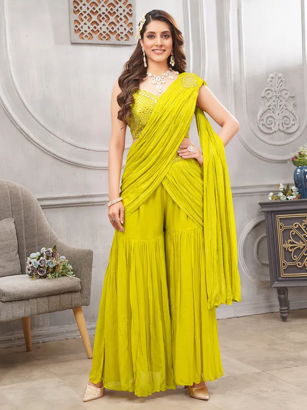 Lime green georgette embroidered sharara suit