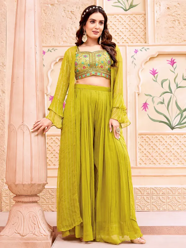 Lime green jacket style palazzo suit in georgette