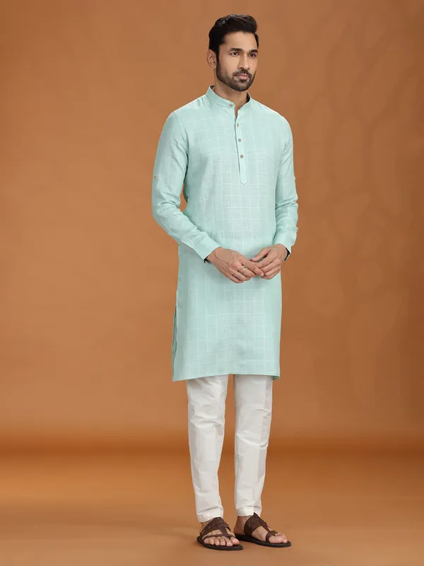 Lime green linen kurta set with checks pattern
