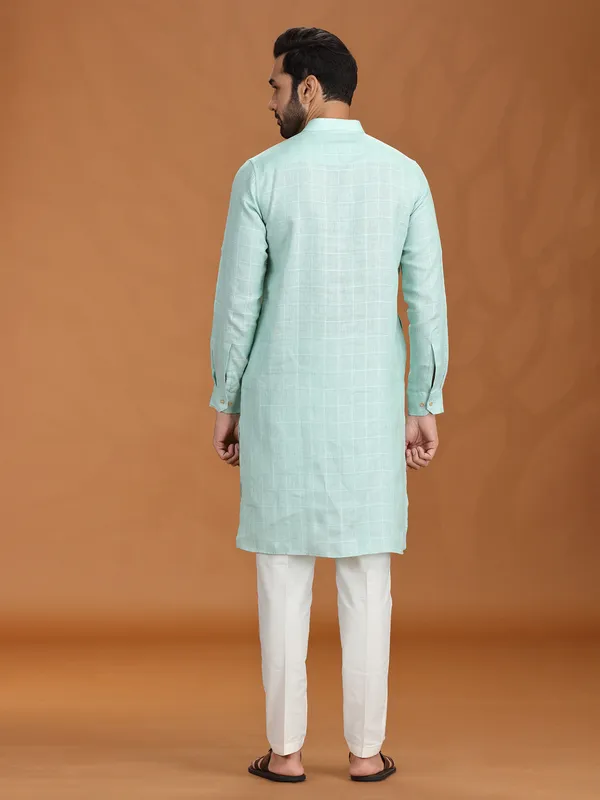 Lime green linen kurta set with checks pattern