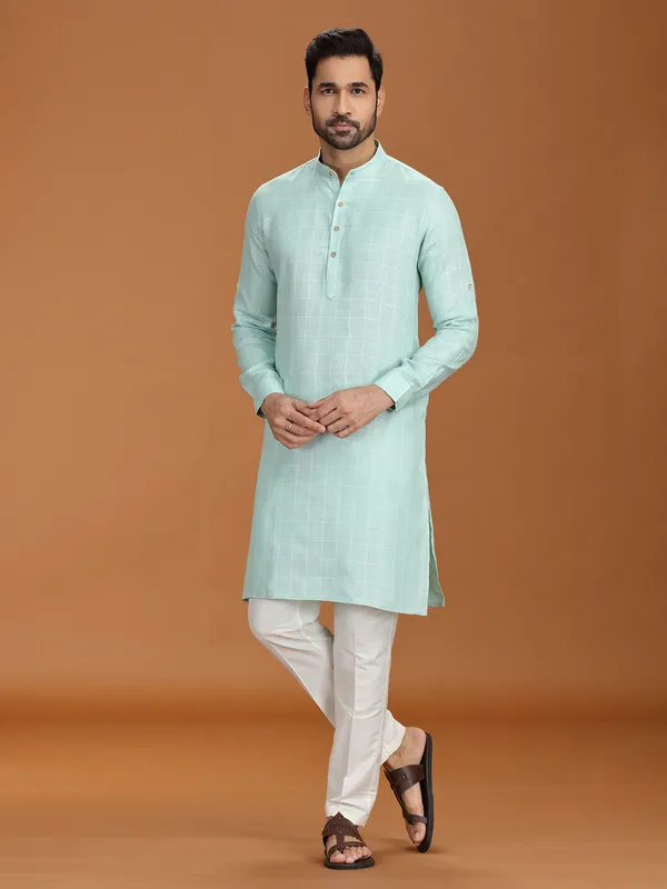 Lime green linen kurta set with checks pattern