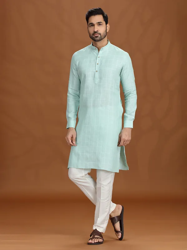 Lime green linen kurta set with checks pattern