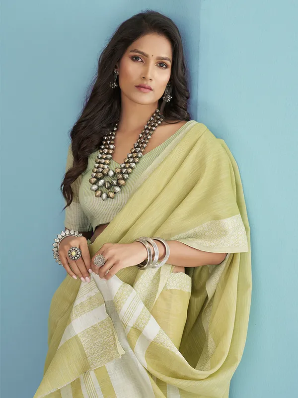 Lime green linen saree