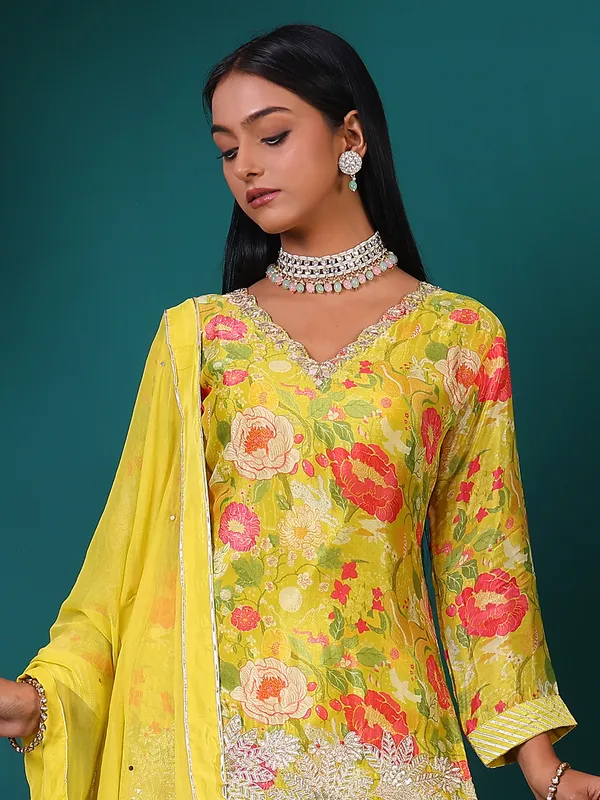 Lime green printed salwar suit in silk
