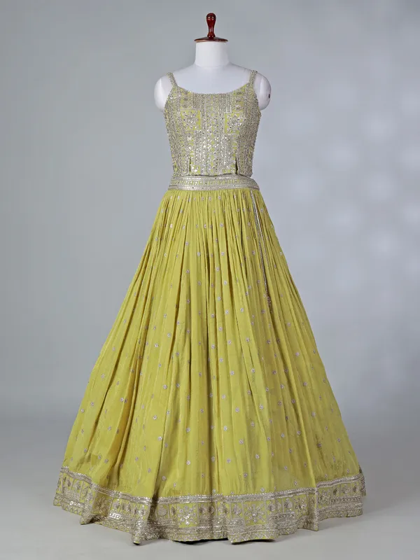 Lime green silk lehenga choli with mirror work