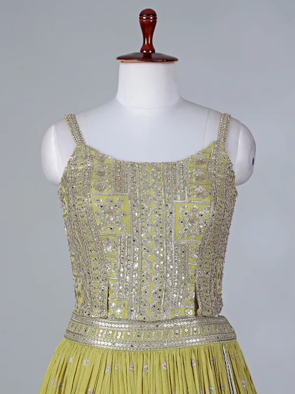 Lime green silk lehenga choli with mirror work
