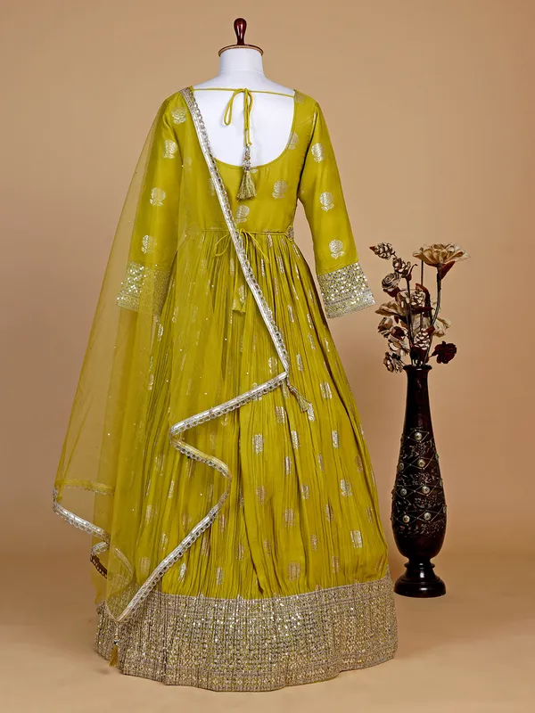 Lime green silk zari work anarkali suit