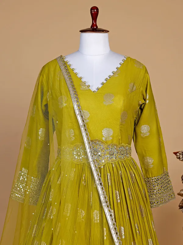 Lime green silk zari work anarkali suit