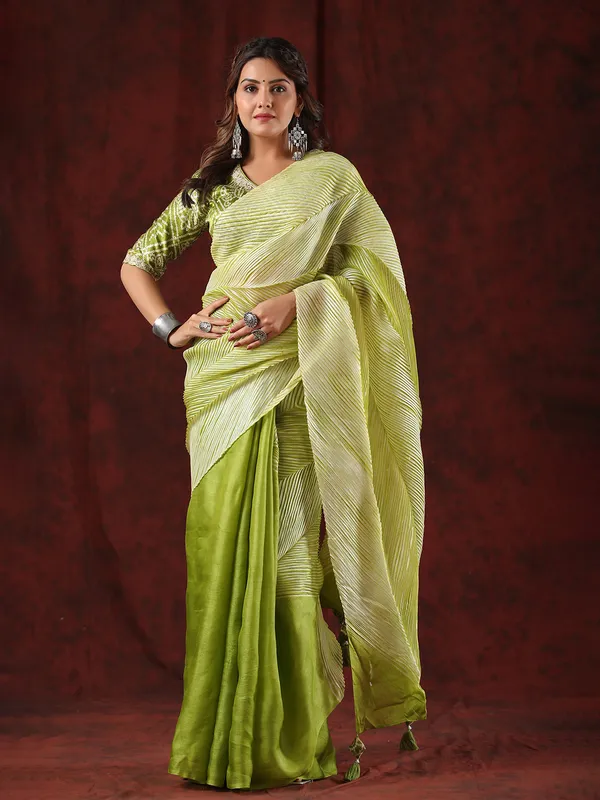 Lime green tussar silk half n half saree