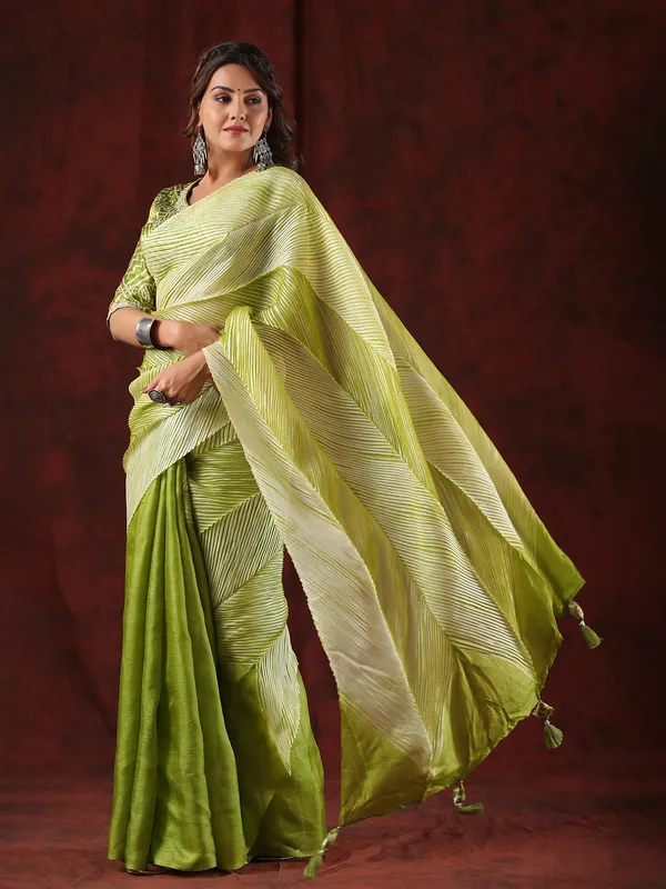 Lime green tussar silk half n half saree