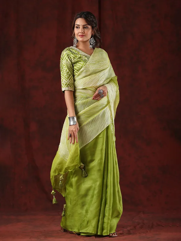 Lime green tussar silk half n half saree