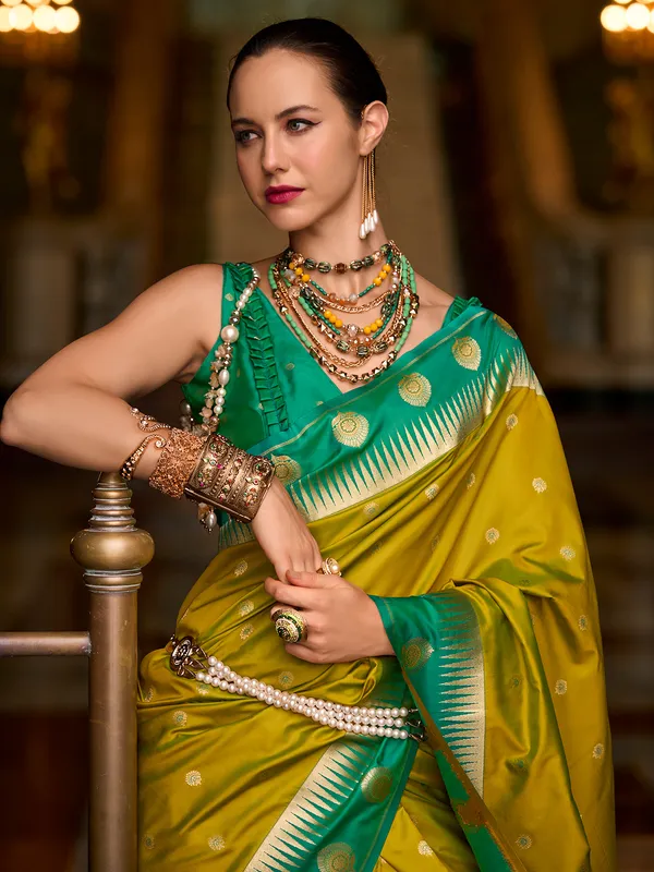 Lime yellow banarasi silk saree for women