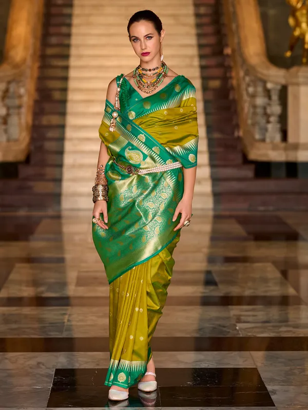Lime yellow banarasi silk saree for women
