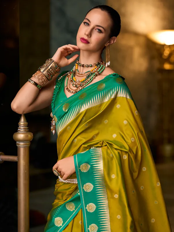 Lime yellow banarasi silk saree for women