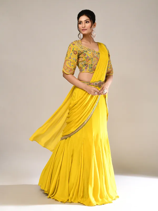 Lime yellow chiffon silk haldi lehenga choli