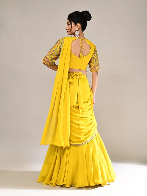 Lime yellow chiffon silk haldi lehenga choli