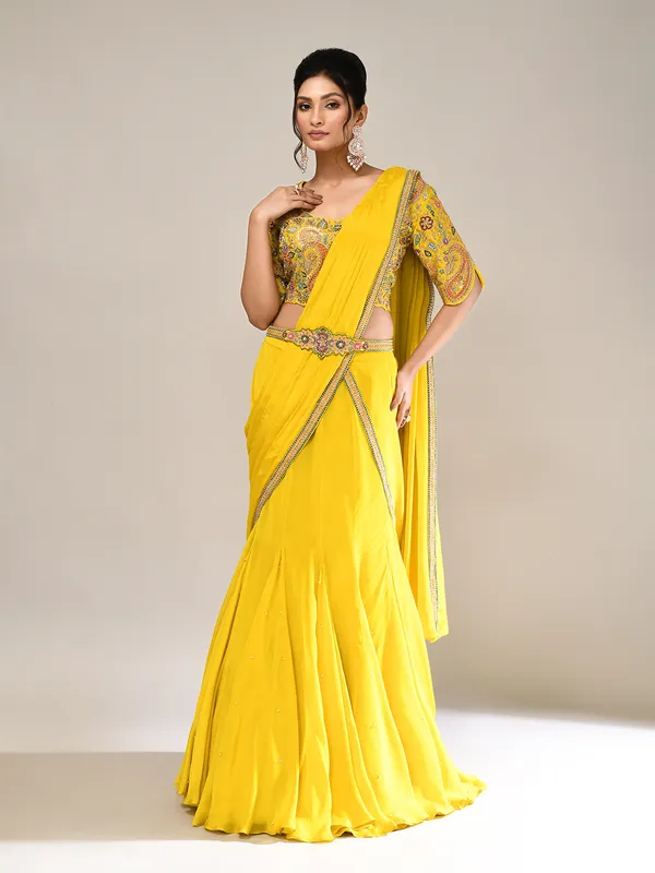 Lime yellow chiffon silk haldi lehenga choli