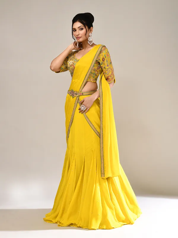 Lime yellow chiffon silk haldi lehenga choli