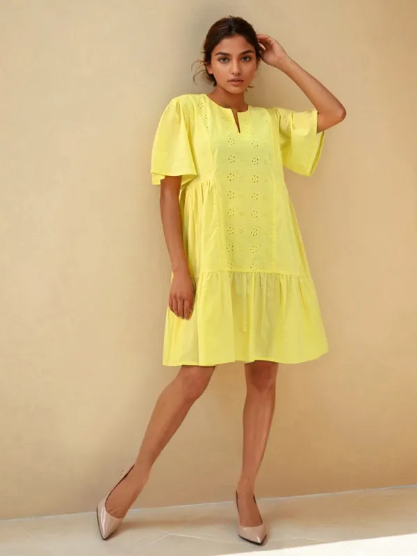 Lime yellow cotton casual wear dress