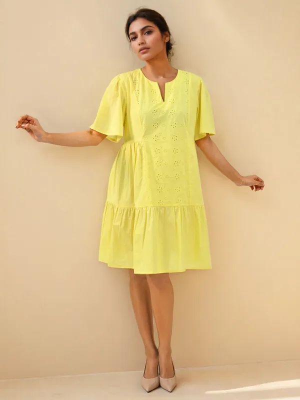 Lime yellow cotton casual wear dress