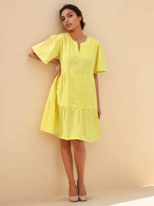 Lime yellow cotton casual wear dress