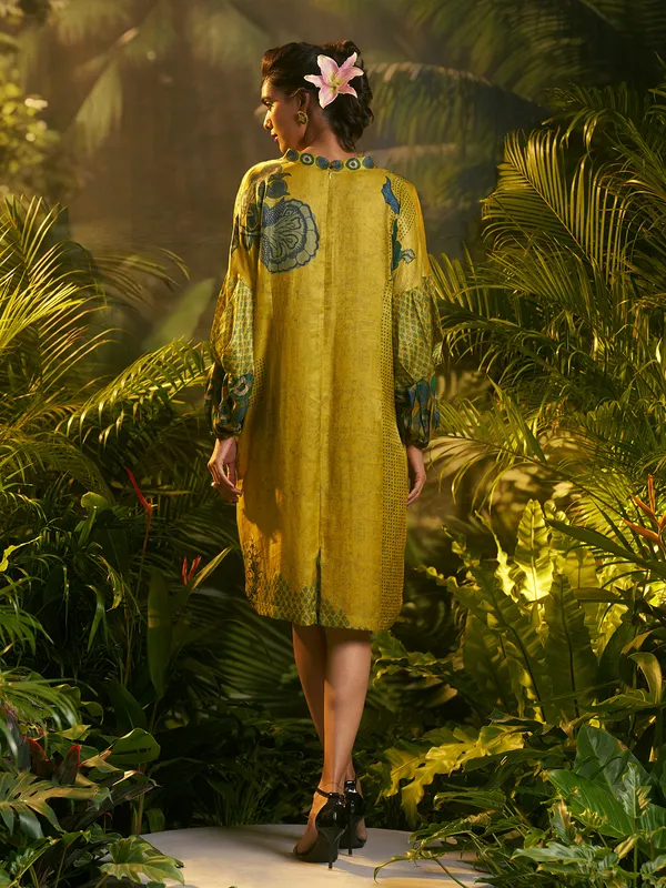 Lime Yellow crepe silk printed kurti