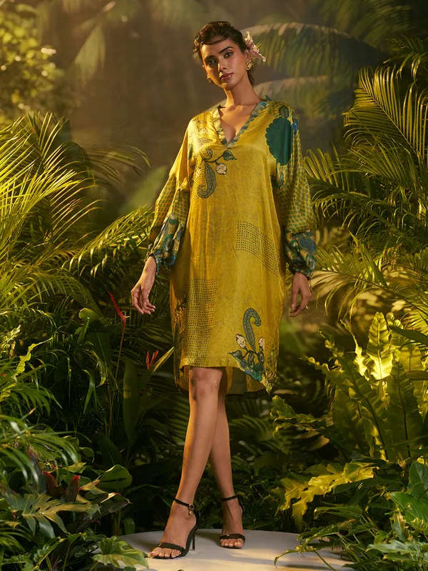 Lime Yellow crepe silk printed kurti