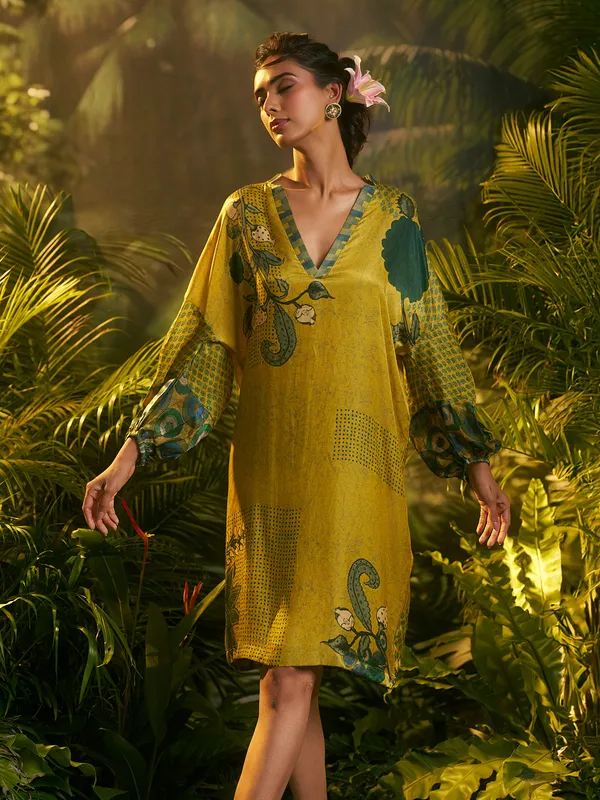 Lime Yellow crepe silk printed kurti