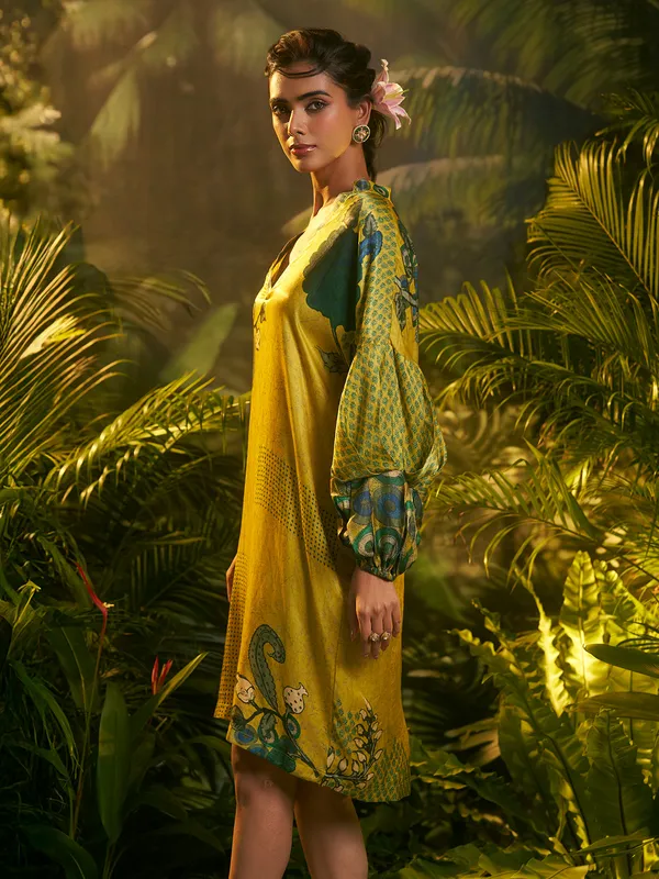 Lime Yellow crepe silk printed kurti