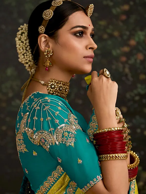 Lime yellow dola silk festive wear saree