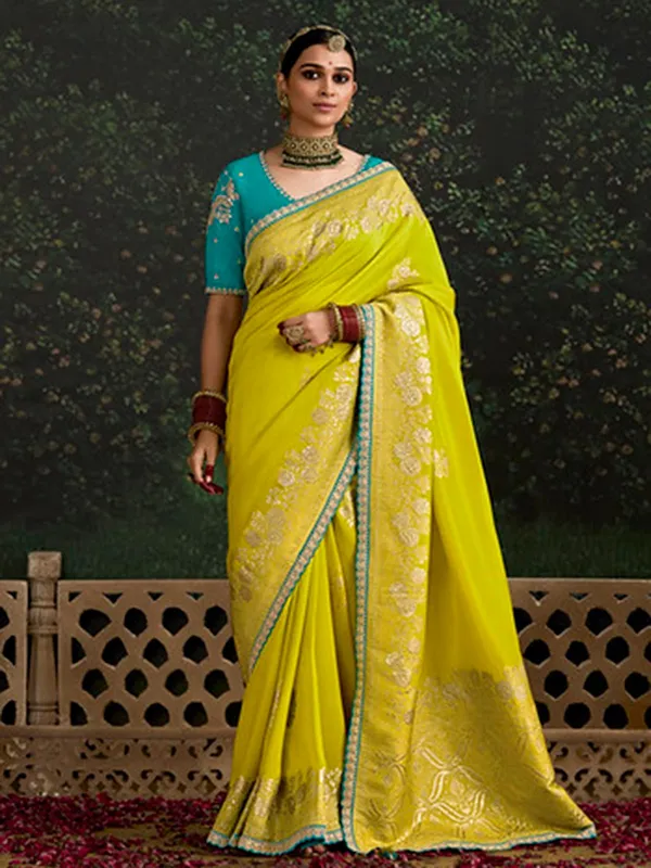 Lime yellow dola silk festive wear saree
