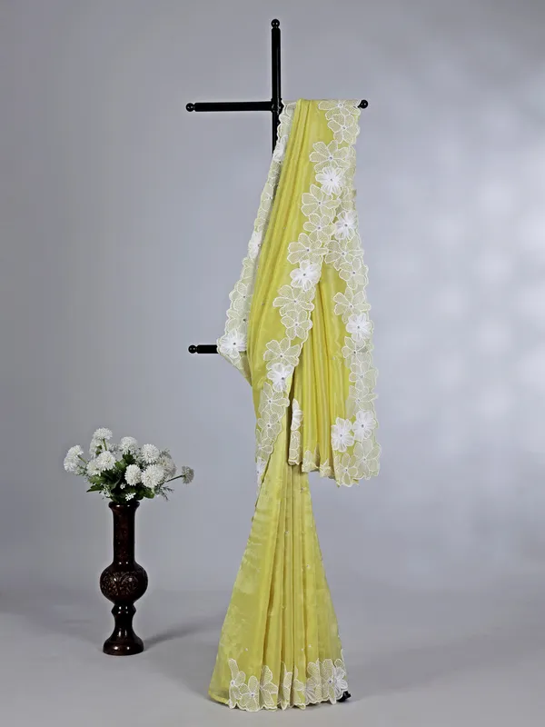 Lime yellow dola tissue silk saree with embroidery