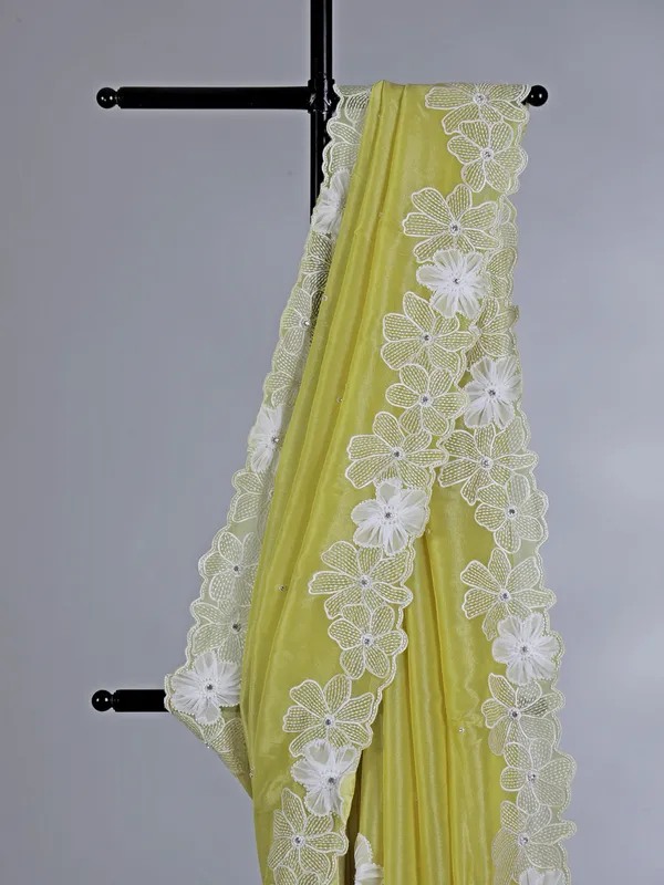 Lime yellow dola tissue silk saree with embroidery
