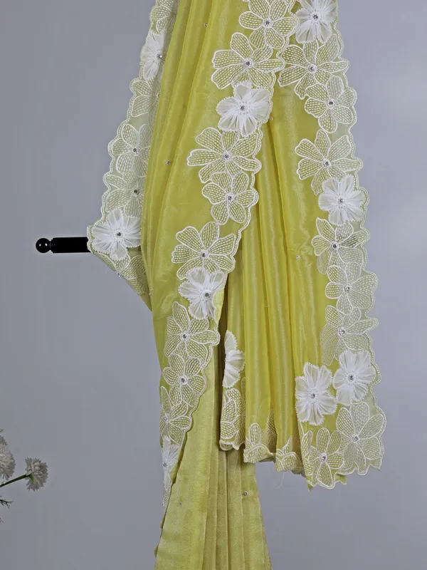 Lime yellow dola tissue silk saree with embroidery