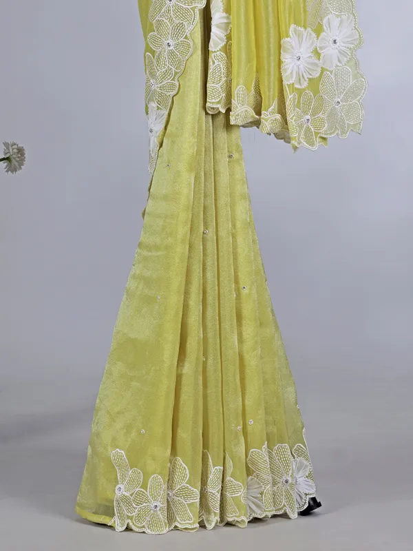 Lime yellow dola tissue silk saree with embroidery