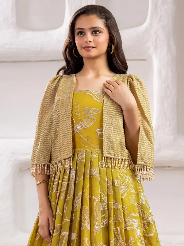 Lime yellow georgette gown with resham work