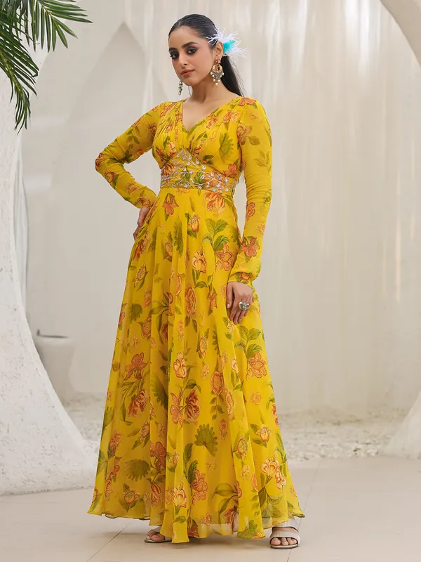 Lime yellow organza printed floor length suit
