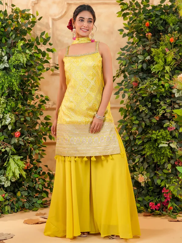 Lime yellow printed silk palazzo suit