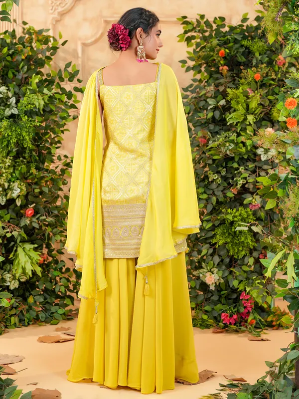 Lime yellow printed silk palazzo suit