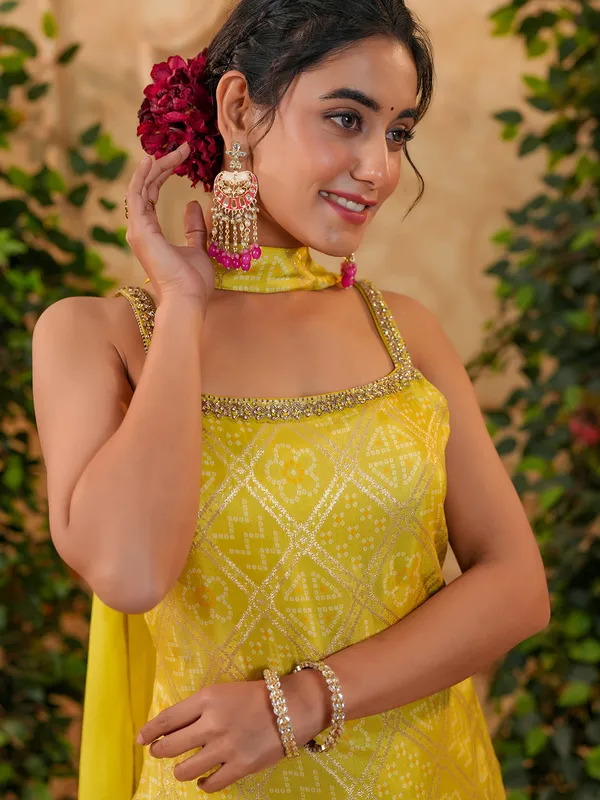 Lime yellow printed silk palazzo suit