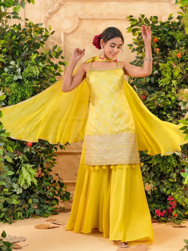 Lime yellow printed silk palazzo suit