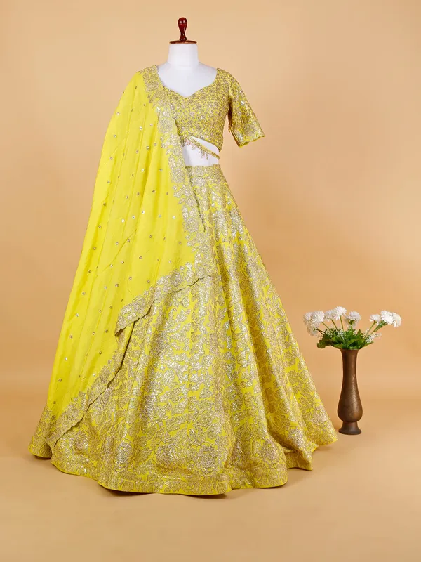 Lime yellow raw silk lehenga choli
