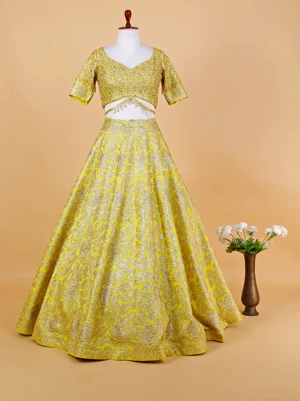 Lime yellow raw silk lehenga choli